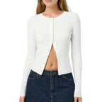 Women's fitted ribbed cardigan with crew neckline and long sleeves