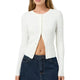 Women's fitted ribbed cardigan with crew neckline and long sleeves