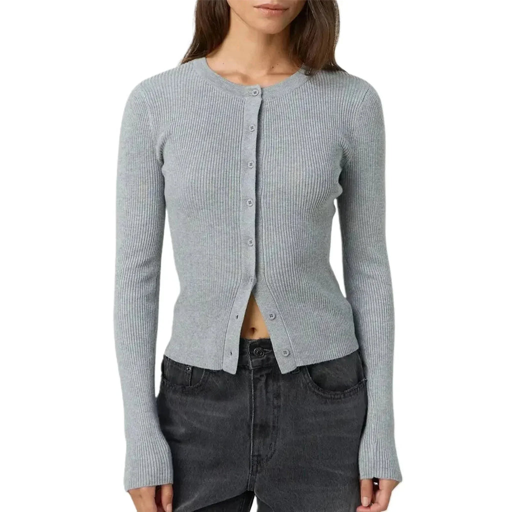 Women's fitted ribbed cardigan with crew neckline and long sleeves