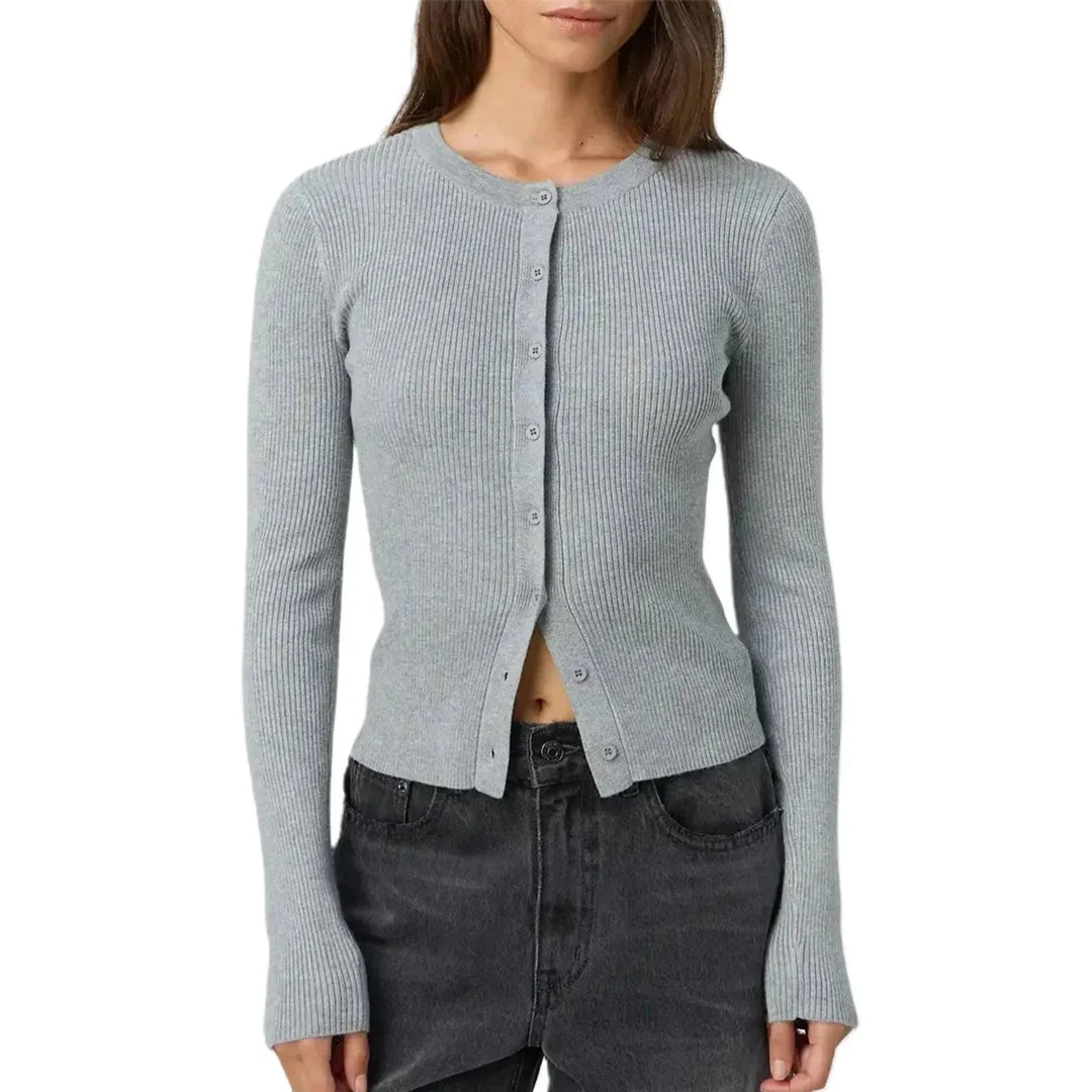 Women's fitted ribbed cardigan with crew neckline and long sleeves