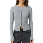 Women's fitted ribbed cardigan with crew neckline and long sleeves