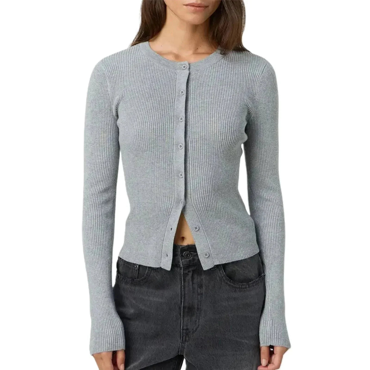 Women's fitted ribbed cardigan with crew neckline and long sleeves