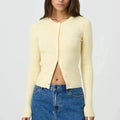 Women's fitted ribbed cardigan with crew neckline and long sleeves