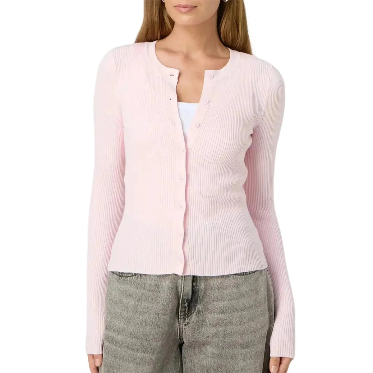 Women's fitted ribbed cardigan with crew neckline and long sleeves
