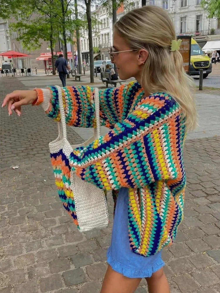 Women's multicoloured striped crochet cardigan with open front and long sleeves