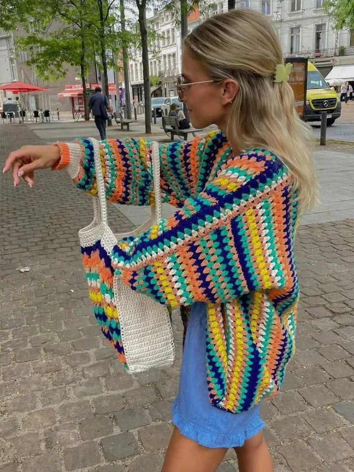 Women's multicoloured striped crochet cardigan with open front and long sleeves