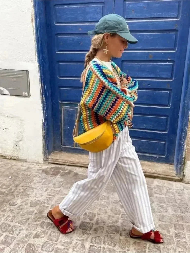Women's multicoloured striped crochet cardigan with open front and long sleeves
