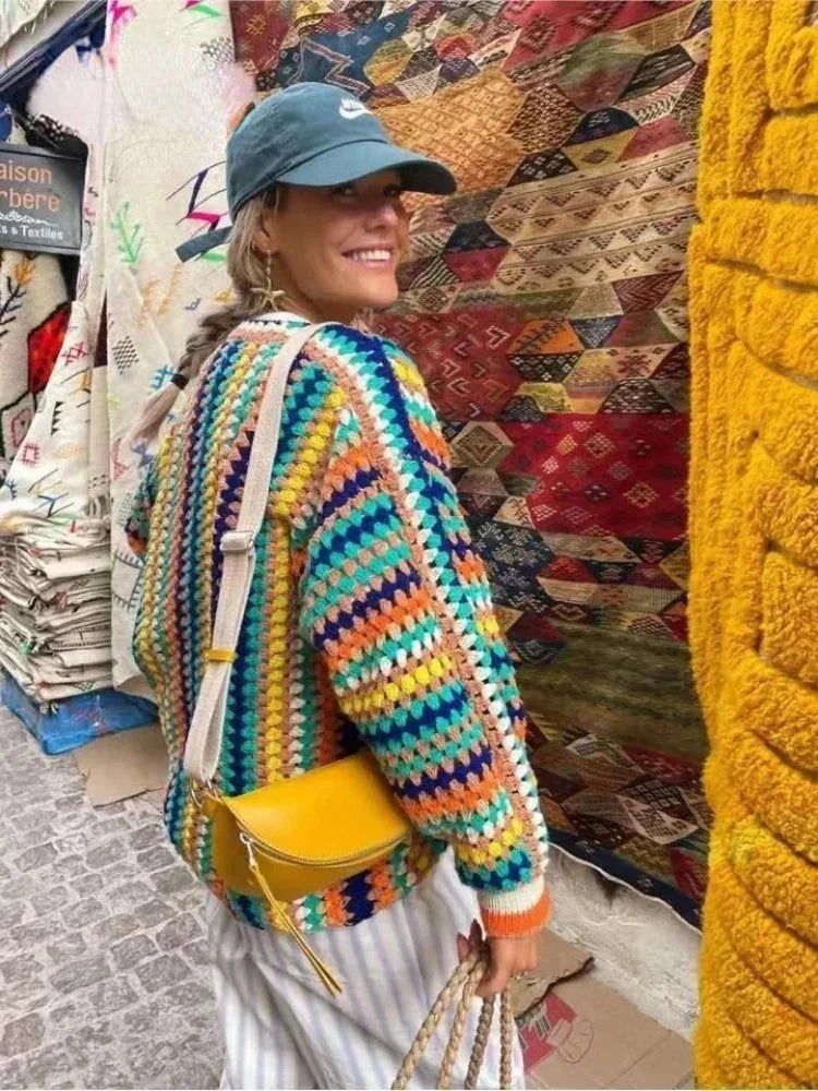 Women's multicoloured striped crochet cardigan with open front and long sleeves