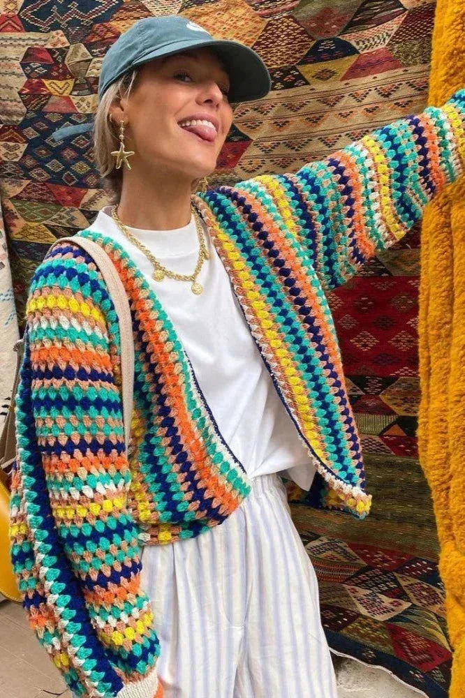 Women's multicoloured striped crochet cardigan with open front and long sleeves