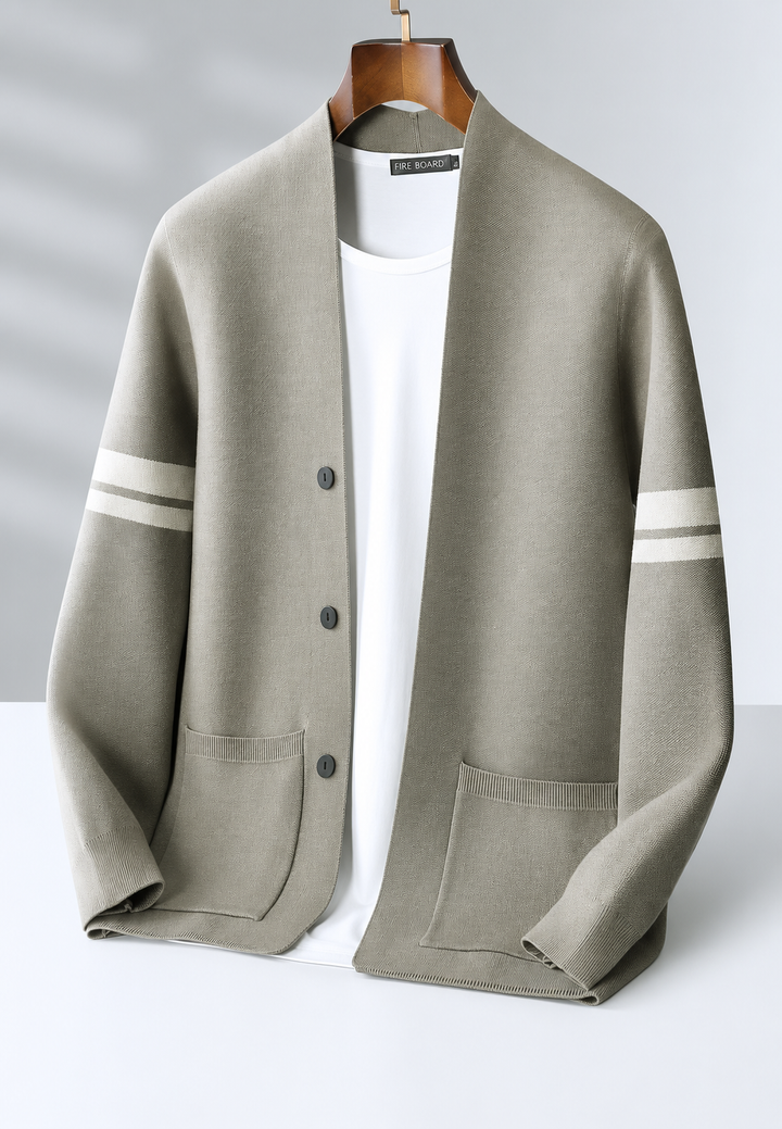 Men's striped long-sleeve button cardigan with front pockets