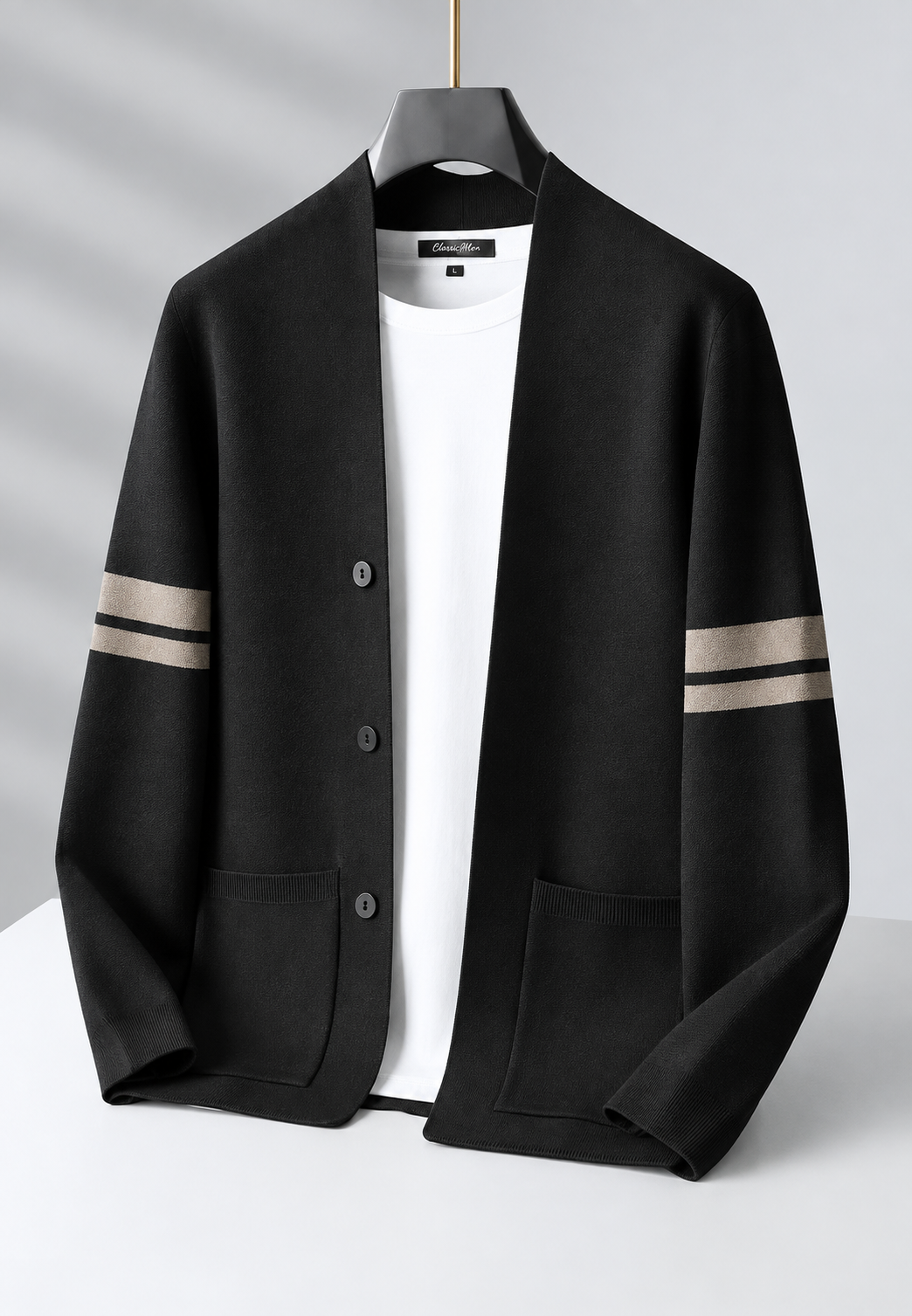 Men's striped long-sleeve button cardigan with front pockets