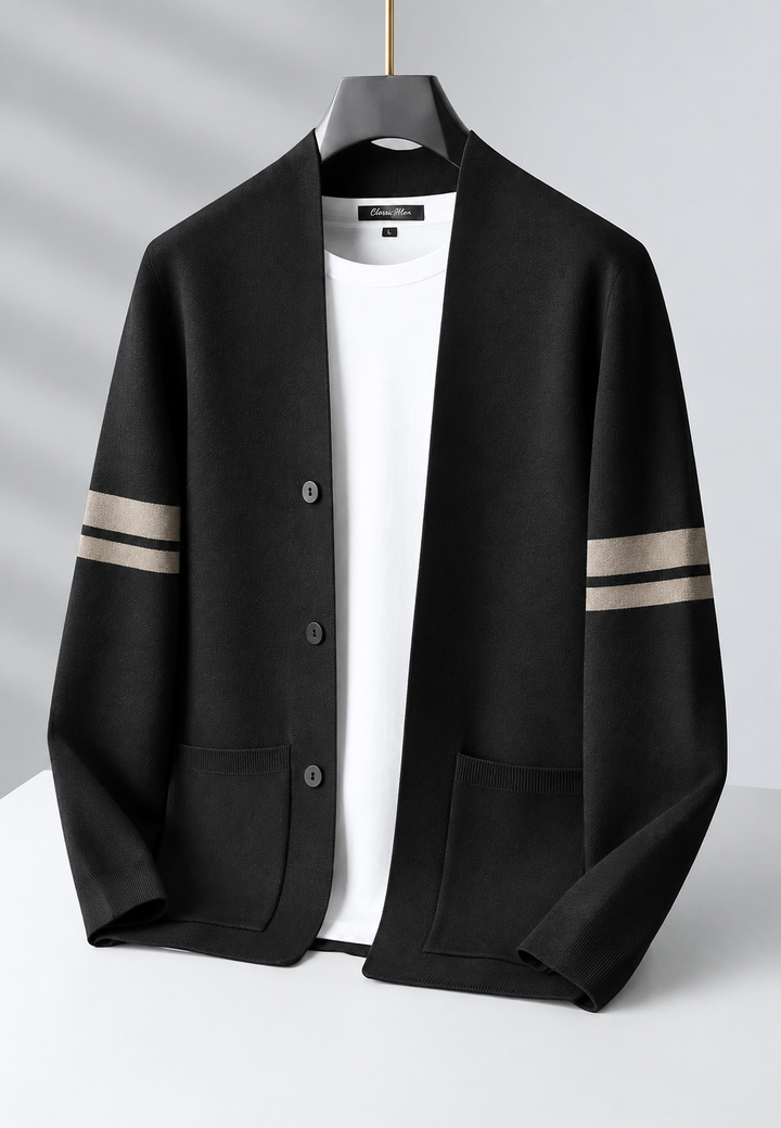 Men's striped long-sleeve button cardigan with front pockets