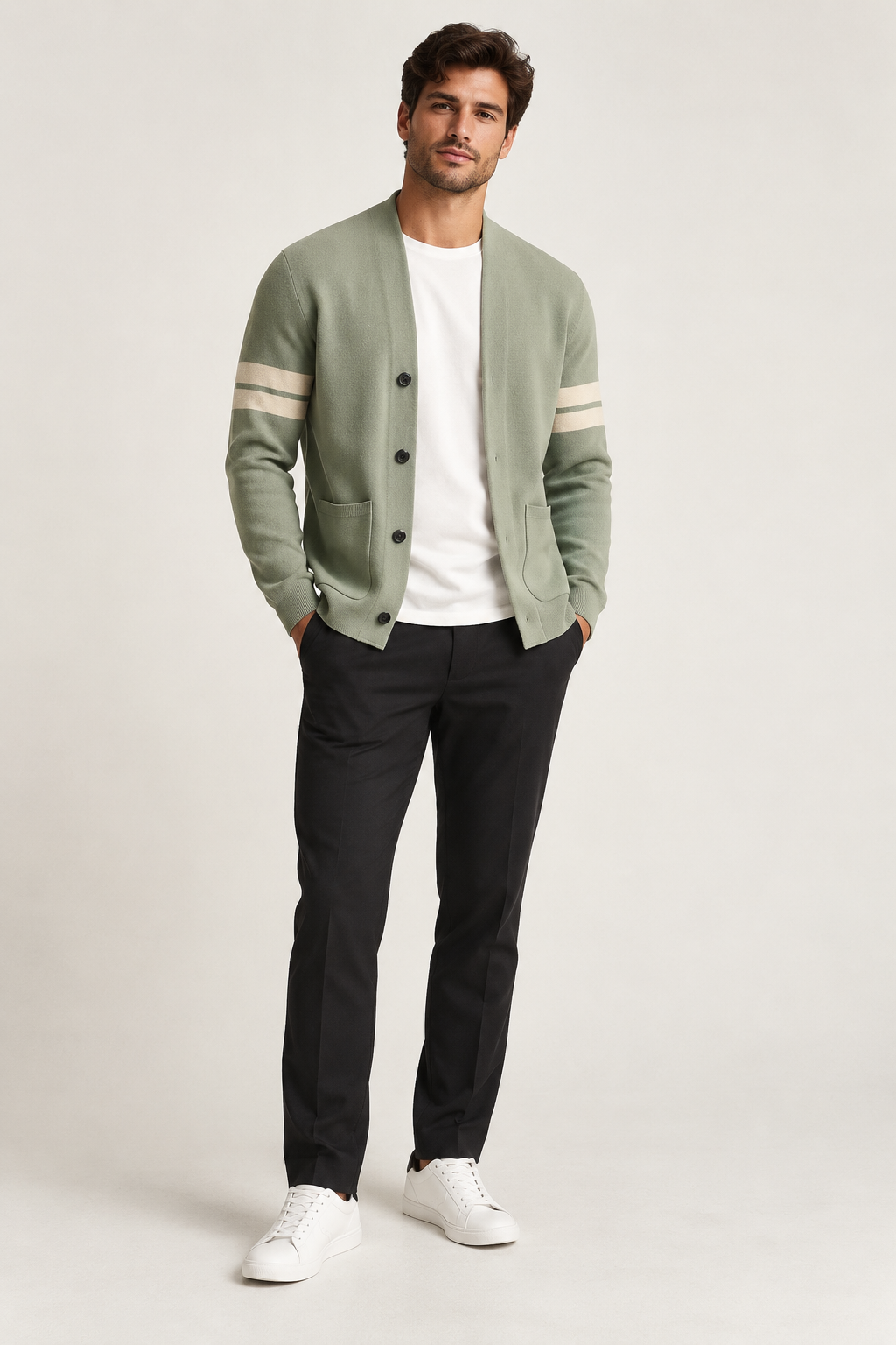 Men's striped long-sleeve button cardigan with front pockets