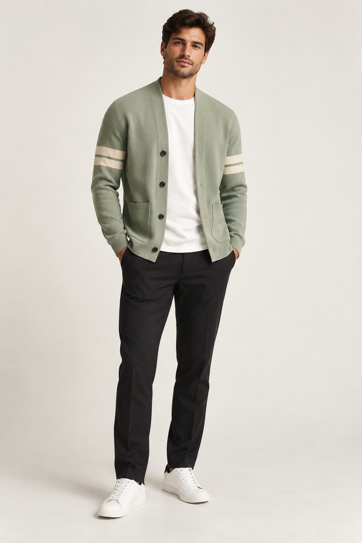 Men's striped long-sleeve button cardigan with front pockets