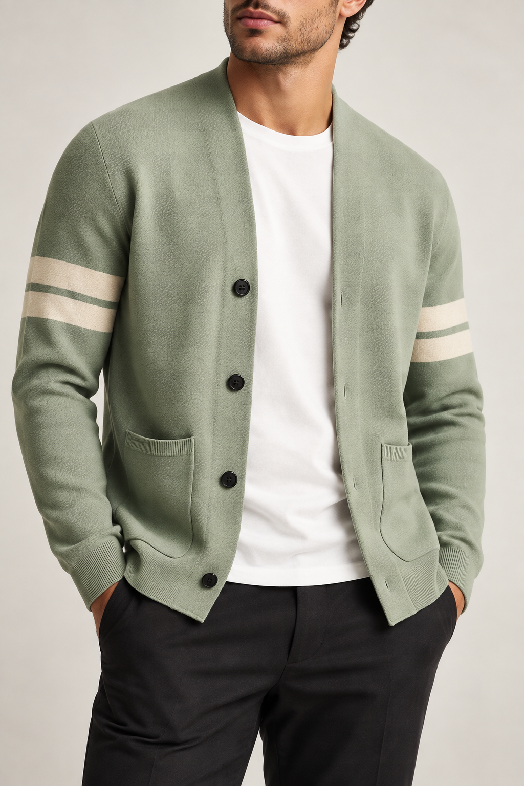 Men's striped long-sleeve button cardigan with front pockets