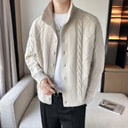 Men's textured cable knit cardigan with high collar and button front