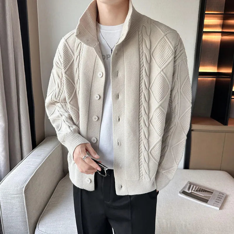 Men's textured cable knit cardigan with high collar and button front