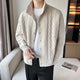 Men's textured cable knit cardigan with high collar and button front