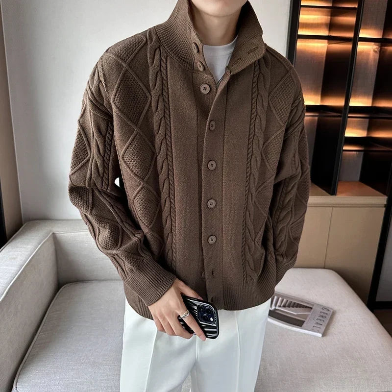 Men's textured cable knit cardigan with high collar and button front