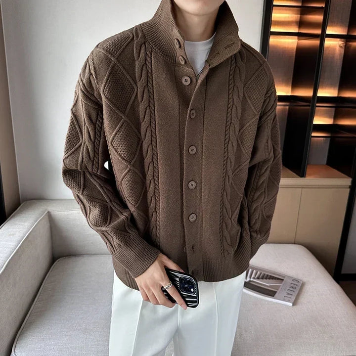 Men's textured cable knit cardigan with high collar and button front