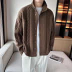 Men's textured cable knit cardigan with high collar and button front