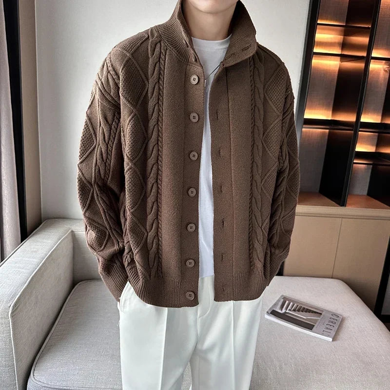 Men's textured cable knit cardigan with high collar and button front
