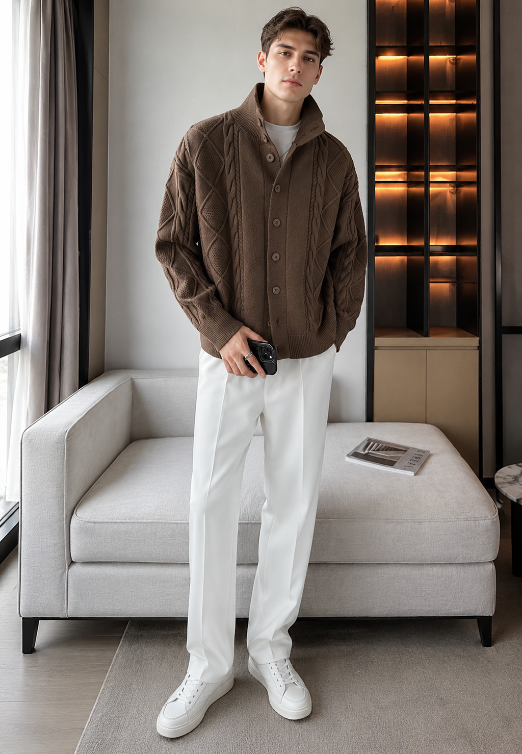 Men's textured cable knit cardigan with high collar and button front