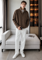 Men's textured cable knit cardigan with high collar and button front