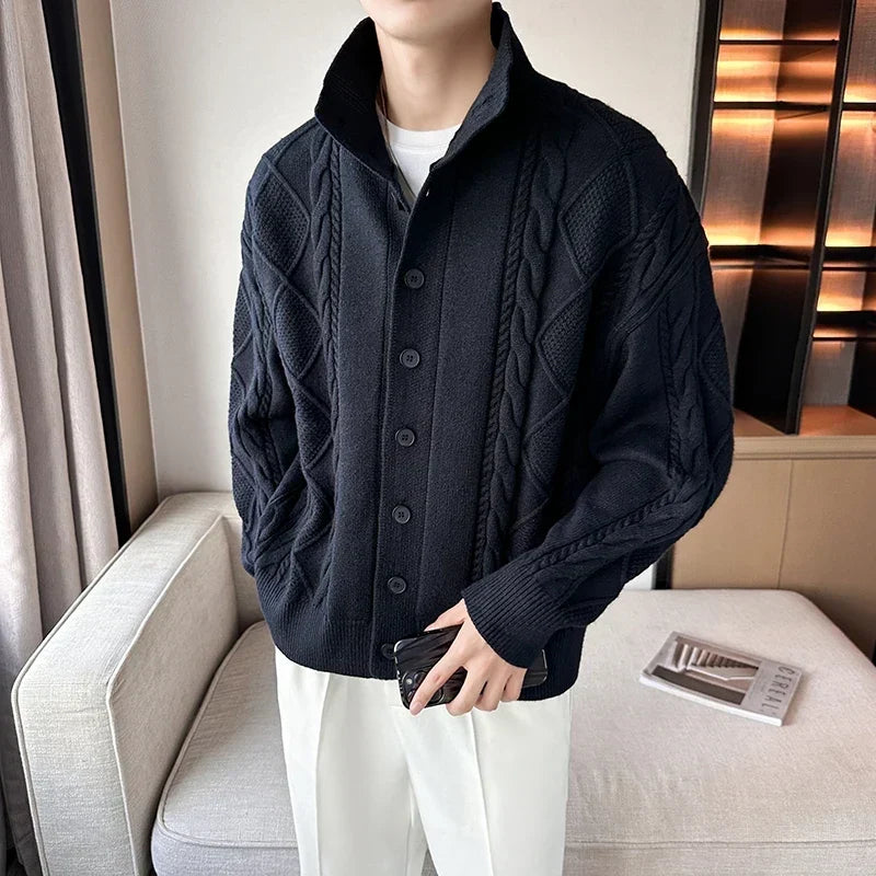 Men's textured cable knit cardigan with high collar and button front