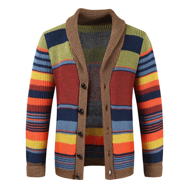 Men's multicoloured striped cardigan with shawl collar and button front
