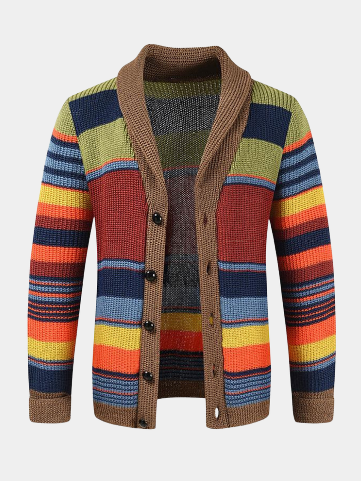 Men's multicoloured striped cardigan with shawl collar and button front