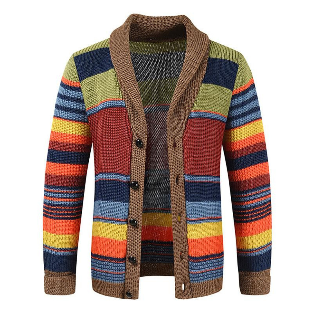 Men's multicoloured striped cardigan with shawl collar and button front