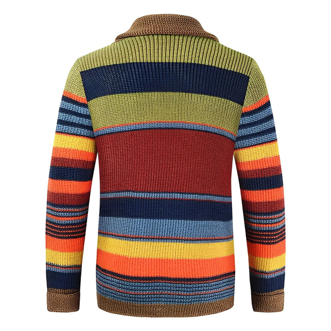 Men's multicoloured striped cardigan with shawl collar and button front