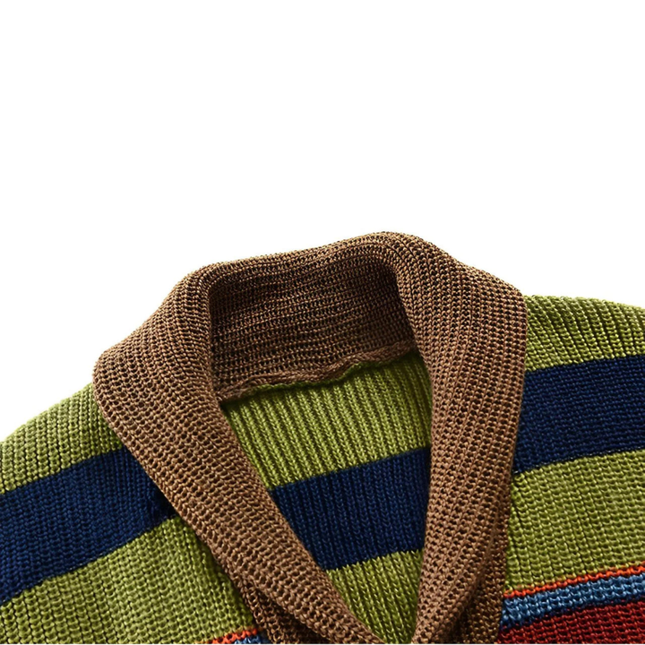 Men's multicoloured striped cardigan with shawl collar and button front