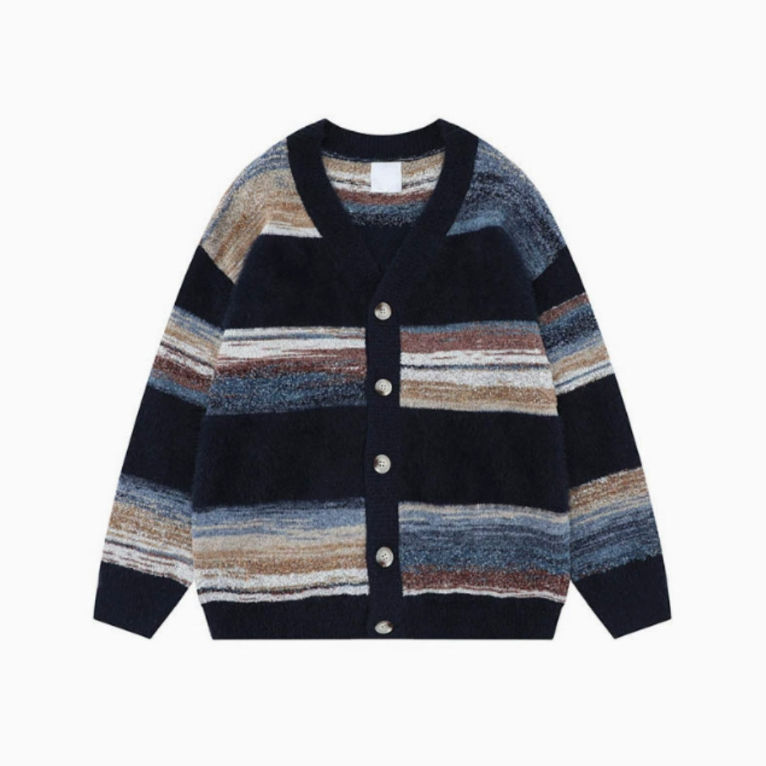 Men's navy striped button-front cardigan with long sleeves