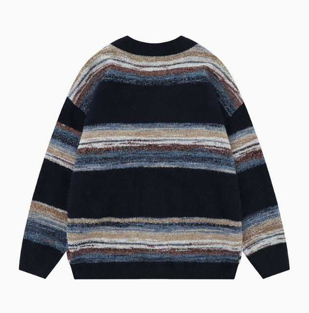 Men's navy striped button-front cardigan with long sleeves