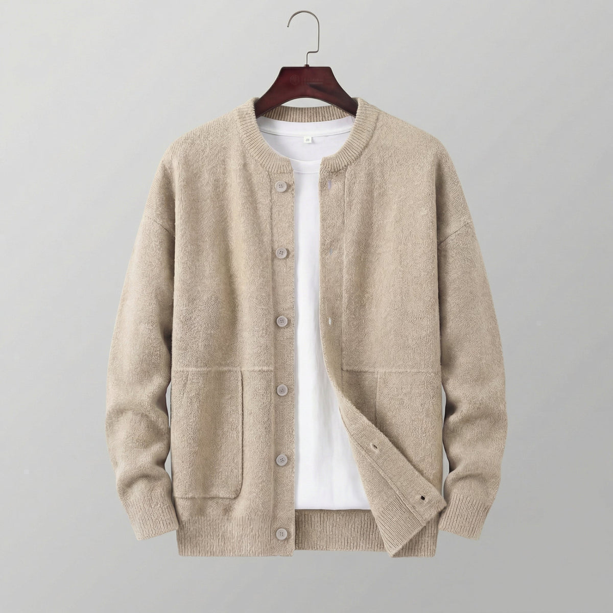 Men's textured button cardigan with crew neck, long sleeves and two front pockets