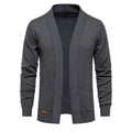 Men's open-front shawl collar cardigan with long sleeves and patch pockets