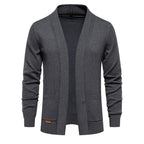 Men's open-front shawl collar cardigan with long sleeves and patch pockets