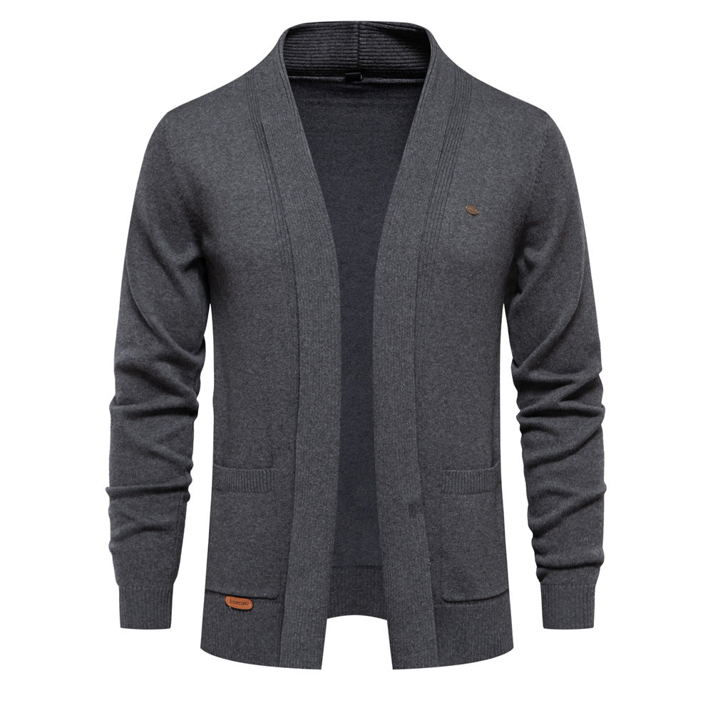 Men's open-front shawl collar cardigan with long sleeves and patch pockets