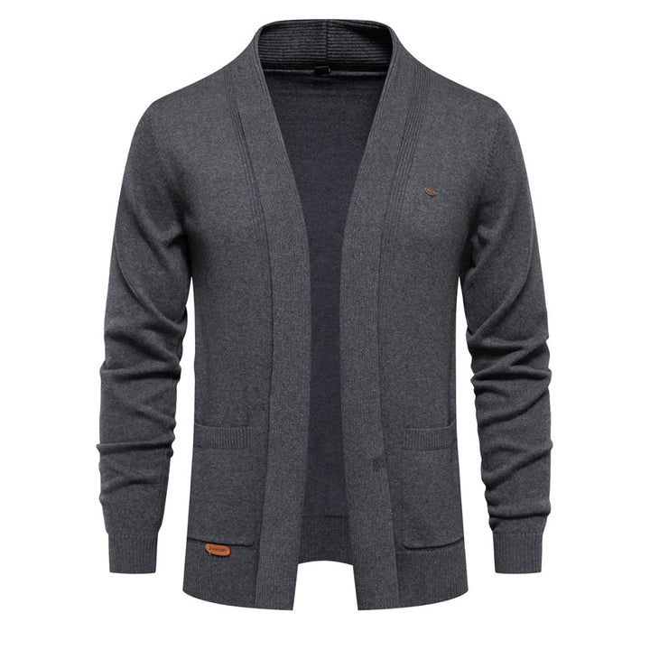 Men's open-front shawl collar cardigan with long sleeves and patch pockets