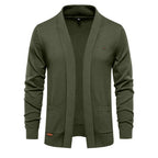 Men's open-front shawl collar cardigan with long sleeves and patch pockets