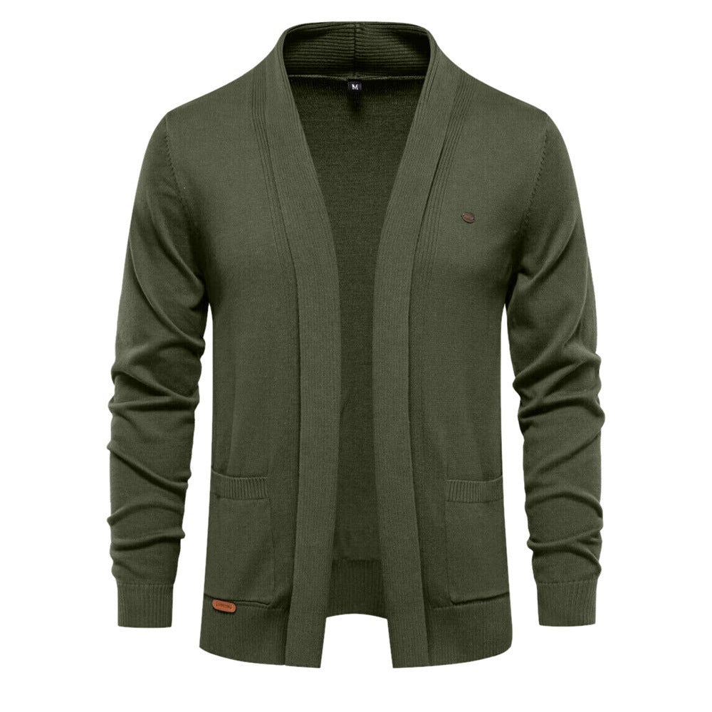 Men's open-front shawl collar cardigan with long sleeves and patch pockets