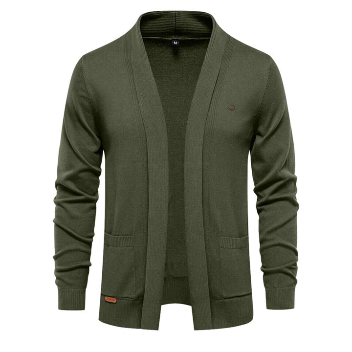 Men's open-front shawl collar cardigan with long sleeves and patch pockets