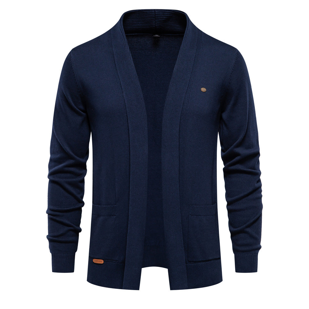 Men's open-front shawl collar cardigan with long sleeves and patch pockets