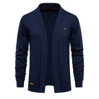 Men's open-front shawl collar cardigan with long sleeves and patch pockets
