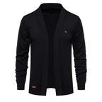 Men's open-front shawl collar cardigan with long sleeves and patch pockets