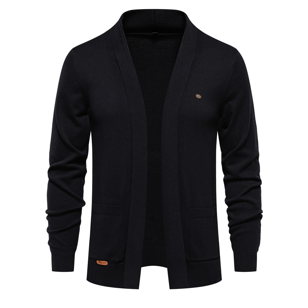Men's open-front shawl collar cardigan with long sleeves and patch pockets