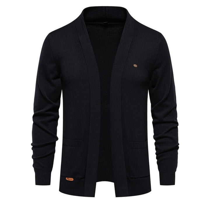 Men's open-front shawl collar cardigan with long sleeves and patch pockets