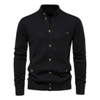 Men's buttoned stand collar cardigan with long sleeves and flap pockets